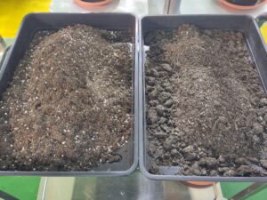 Beispiel von Erde in dem man Hanfpflanzen anbauen kann (rechts), Beispiel von ungeeigneter Erde für Hanfpflanzen (rechts)